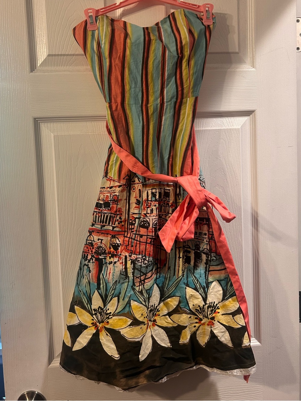 Robin & Jordan Multicolor Midi Dress with Coral Sash
